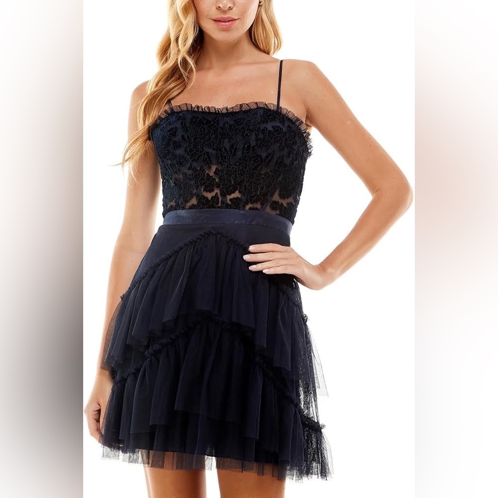 Navy blue Velvet Cutout Mini Tulle Bottom Cocktail Prom Dress Size 3 Thin Straps